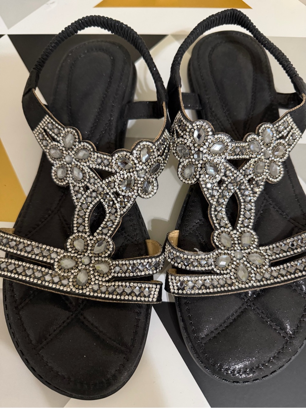Embellished Black Women's Sandals with Crystal Accents